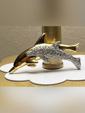 Swarovski Gold and Silver Dolphin Brooch with Crystal Accents 1992 vintage